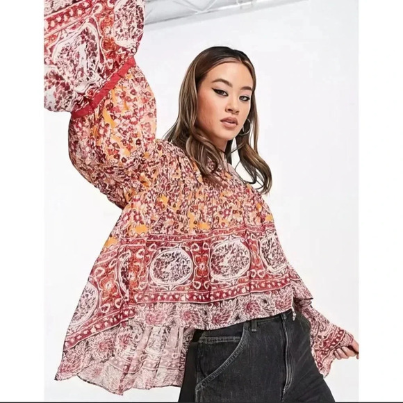 NWT FREE PEOPLE Lorraine Tie Front Kimono top In Mustard - Picture 2 of 7